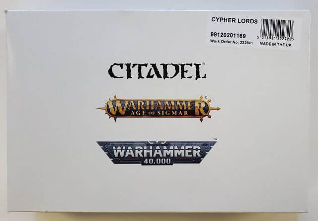 Packaging for Age of Sigmar Slaves to Darkness Cypher Lords miniature kit featuring logos and product name.