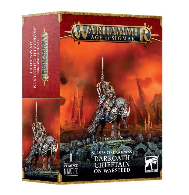 Warhammer Age of Sigmar
Packaging for the Slaves to Darkness Darkoath Chieftain on Warsteed on a white background.