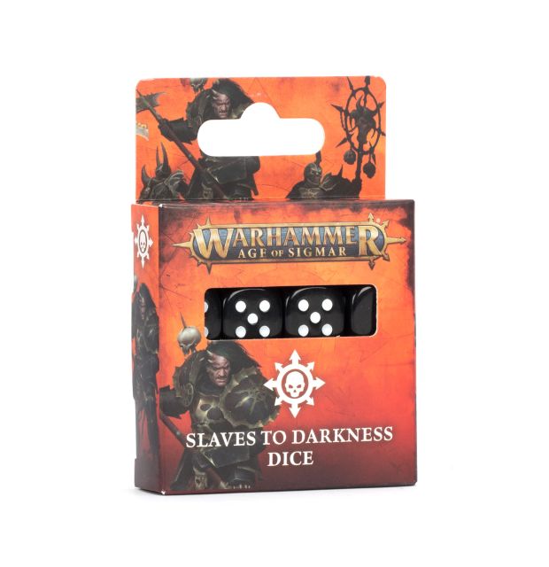 Packaging for Slaves to Darkness dice set, featuring a dark fantasy theme with character illustrations and the product visible through a clear panel.