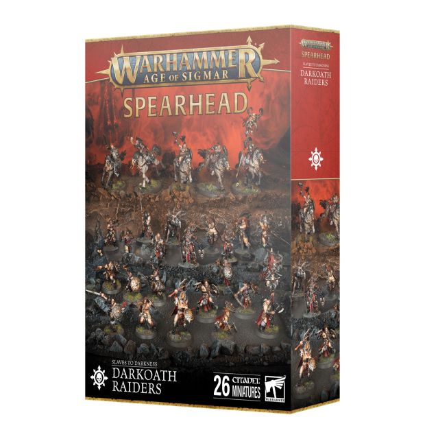 Box packaging for Slaves to Darkness Spearhead Darkoath Raiders miniatures, featuring illustrated scenes of fantasy battle scenes and the miniatures themselves.