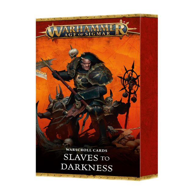 Packaging for Warhammer Age of Sigmar Warscroll Cards titled 'Slaves to Darkness'. Features an illustration of a character in a dramatic pose with a sword, against a fiery background.
