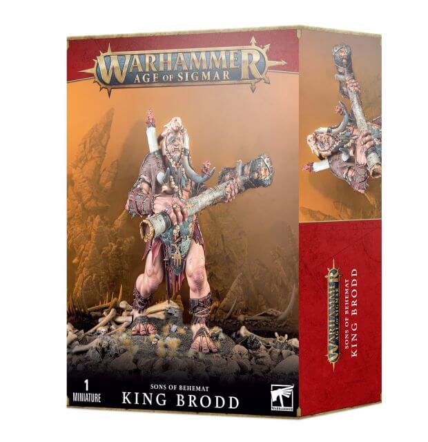 Packaging for the Warhammer Age of Sigmar 'Sons of Behemat King Brodd' miniature, featuring the assembled and painted figure atop a base, with the product name and number visible.