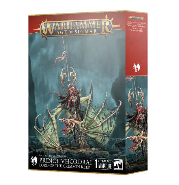 Warhammer Age of Sigmar 
Soulblight Gravelords
Prince Vhordrai: Lord of the Crimson Keep packaging on white background.