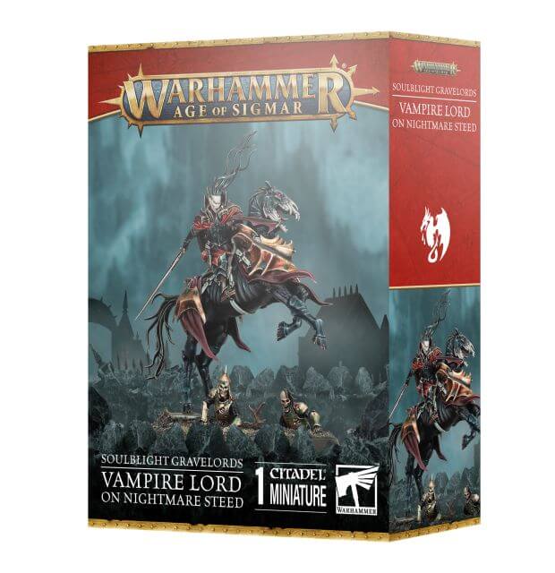Warhammer Age of Sigmar 
Soulblight Gravelords
Vampire Lord on Nightmare Steed
packaging on white background.