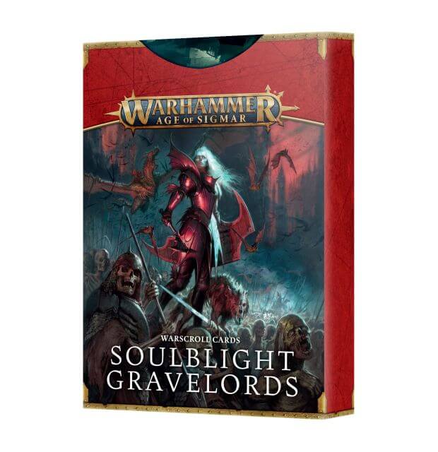 Packaging for Age of Sigmar Soulblight Gravelords Warscroll cards showing an undead creature in plate armor and several zombies. 