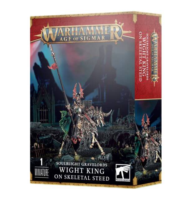Product packaging for 'Soulblight Gravelords Wight King on Skeletal Steed' featuring a miniature figure of a mounted undead lord in decaying armour, brandishing a lance, with the Warhammer Age of Sigmar game box in the background.