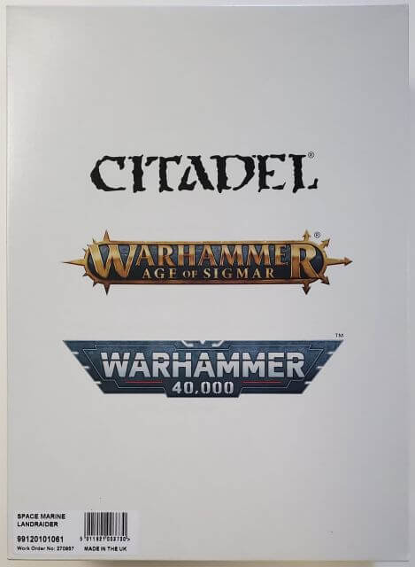 Packaging for Citadel's Warhammer 40,000 Space Marines Land Raider model kit.