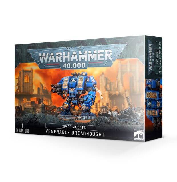 A product box for Warhammer 40,000 Space Marines Venerable Dreadnought, featuring an illustration of the Space Marine unit on the front.