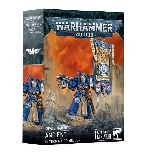 Warhammer 40k Space Marines model in blue Terminator armor holding a banner