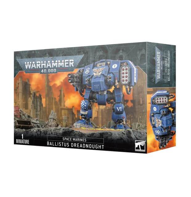 Product packaging for 'Space Marines Ballistus Dreadnought' showing the assembled miniature on the box art with a dramatic backdrop.