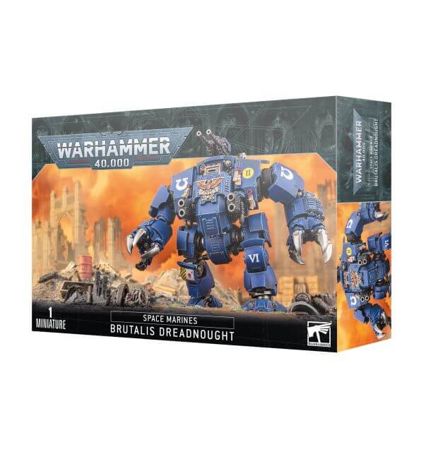 Product packaging for 'Space Marines Brutalis Dreadnought' featuring a detailed illustration of the miniature on the box, with a backdrop of a battle scene. The product is part of the Warhammer 40,000 series.