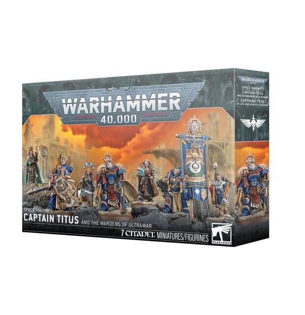 Warhammer 40,000 game box featuring Captain Titus and the Wardens of Ultramar on a white background