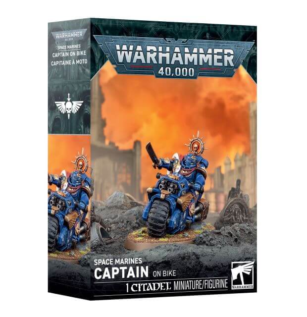 Warhammer 40,000 Space Marines Captain on Bike miniature figure box, featuring blue armored figures on a motorcycle in a war-torn city scene, with Warhammer and Games Design logos visible.