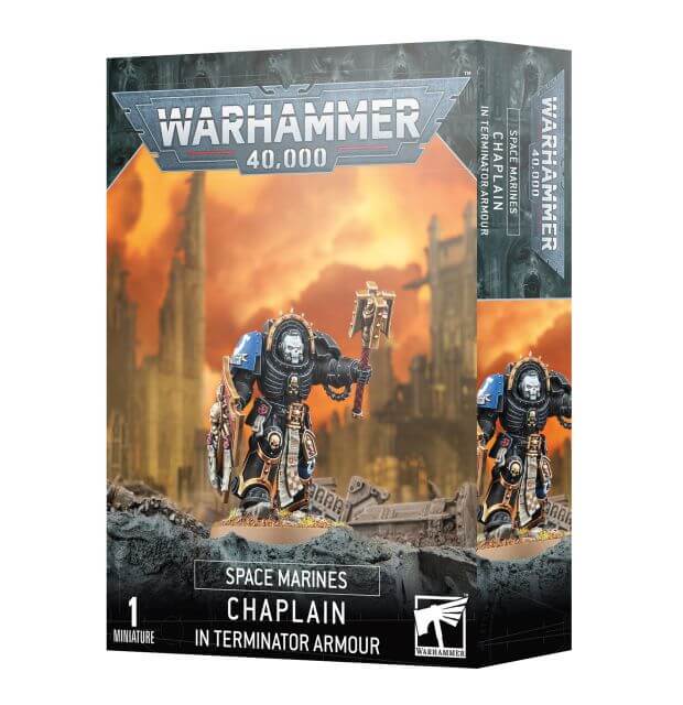 Product packaging for Warhammer 40,000 Space Marines Chaplain in Terminator Armour miniature, featuring the assembled and painted model on the box art.