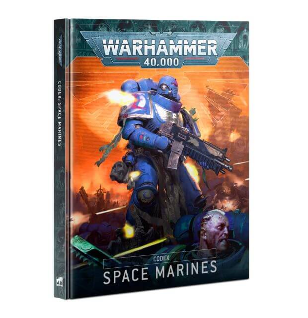 Cover of the Codex: Space Marines book, featuring an illustration of a Space Marine with a gun, against a backdrop of battle damage and celestial bodies.