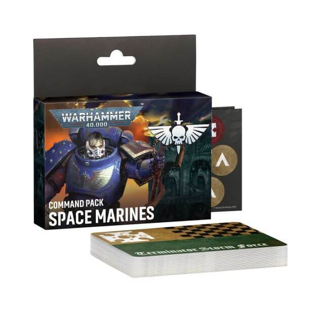 Warhammer 40,000 Command Pack: Space Marines, showing the retail box, a stack of cards, and a few individual cards on a plain white background.
