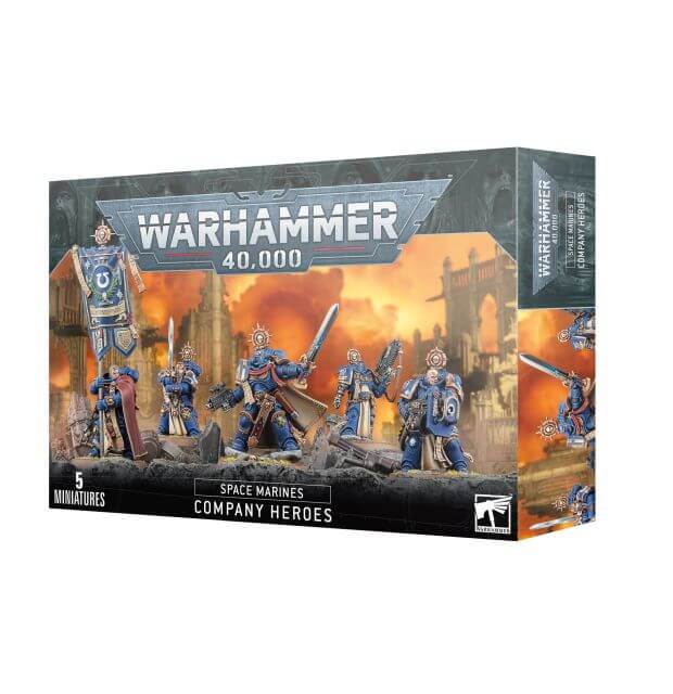 Boxed Warhammer 40,000 miniatures kit featuring Space Marine Captain and Company Heroes. The packaging shows the miniatures in a battle setting against a dramatic sky.