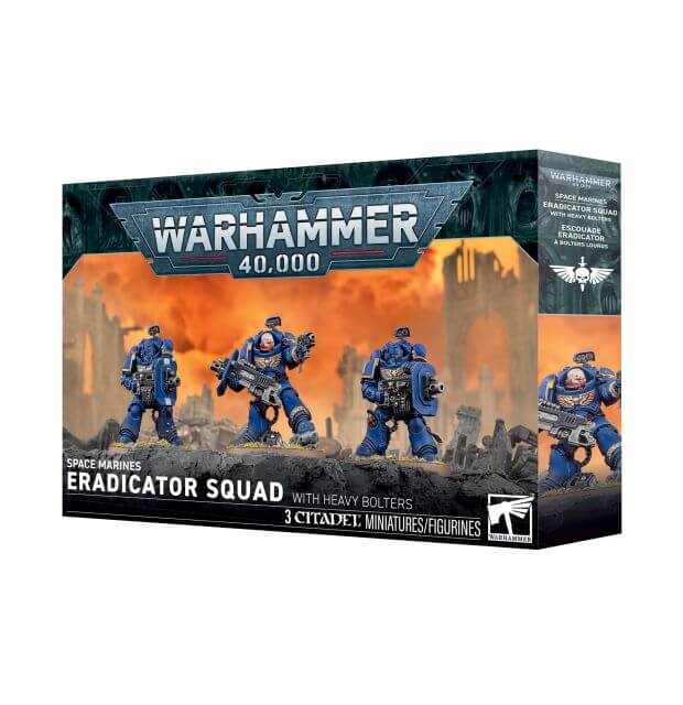Warhammer 40,000 Eradicator Squad miniature figures box set, featuring three blue-armored space marine figures on a rocky battlefield with an orange sci-fi cityscape background. The front of the box includes the Warhammer 40,000 branding and the Imperial Wargaming logo.