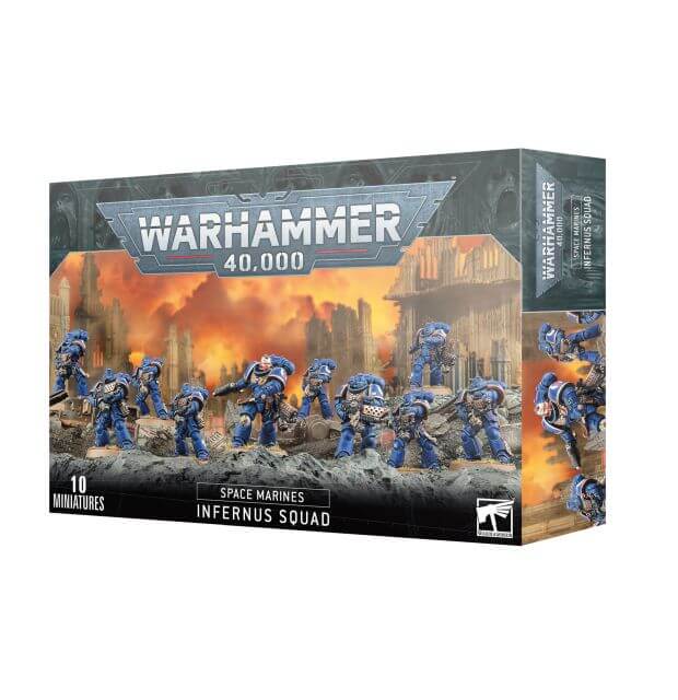 Product packaging for 'Space Marines Infernus Squad' featuring miniatures from the Warhammer 40,000 game. The box displays the models in a battle pose with flame weapons, indicating the theme and scale of the game.