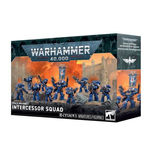 Warhammer 40,000 Space Marine Intercessor Squad miniatures figure box on a plain white background.