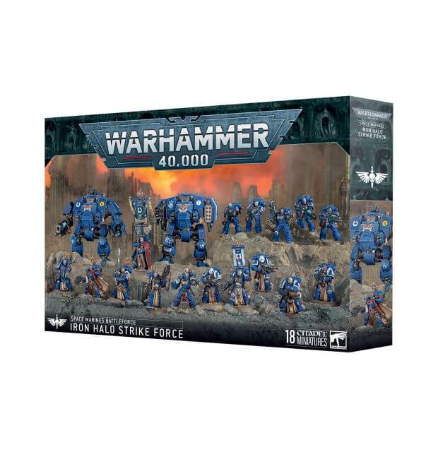Warhammer 40,000 game box with miniature figures on a white background