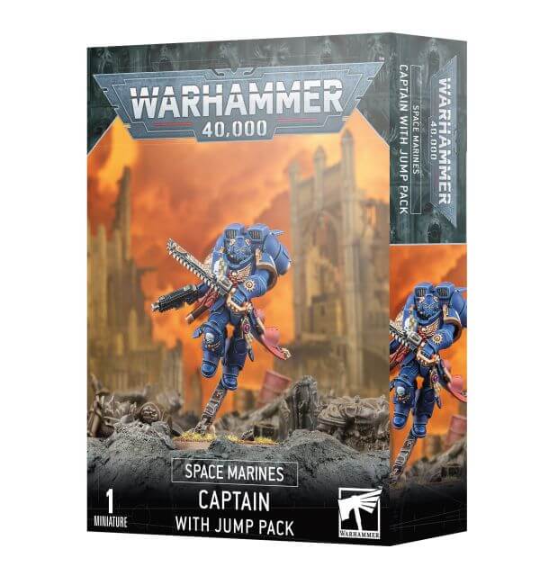 Product packaging for 'Space Marines Captain with Jump Pack' miniature from the Warhammer 40,000 series. The box features an illustration of the marine captain in action pose against a battle-themed backdrop.