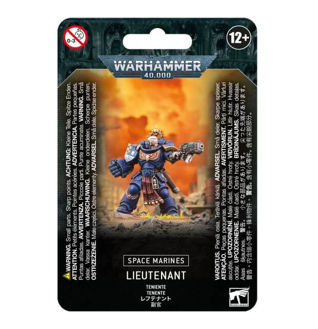 Packaging of a Warhammer 40,000 Space Marine Lieutenant miniature, showing the assembled and painted model on a card with game-related details.