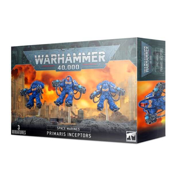 Packaging for Warhammer 40,000 Space Marines Primaris Inceptors miniature figures showing three assembled marines on the front.