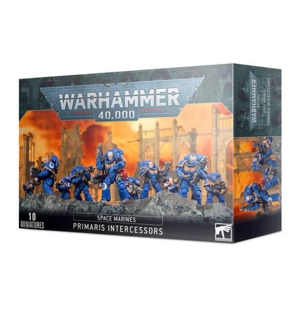 Packaging for Warhammer 40,000 Space Marines Primaris Intercessors miniatures, featuring illustrated figures on the box.