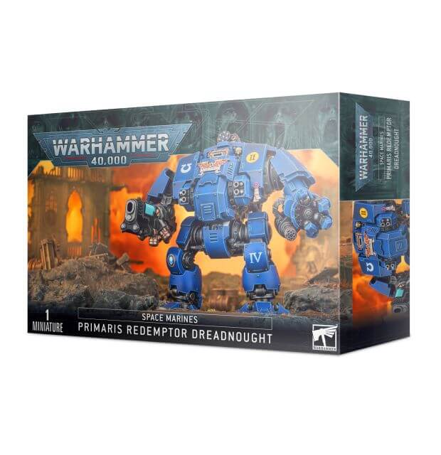 Packaging for Warhammer 40,000 Space Marines Primaris Redemptor Dreadnought, featuring the assembled and painted model on the box art.