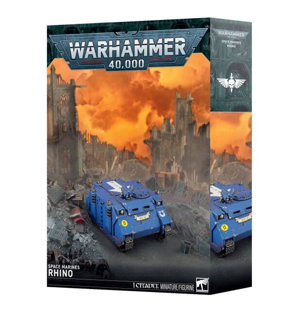 Warhammer 40,000 Space Marines Rhino miniatures box set, featuring blue armored vehicles on a war-torn city scene with orange smoke.