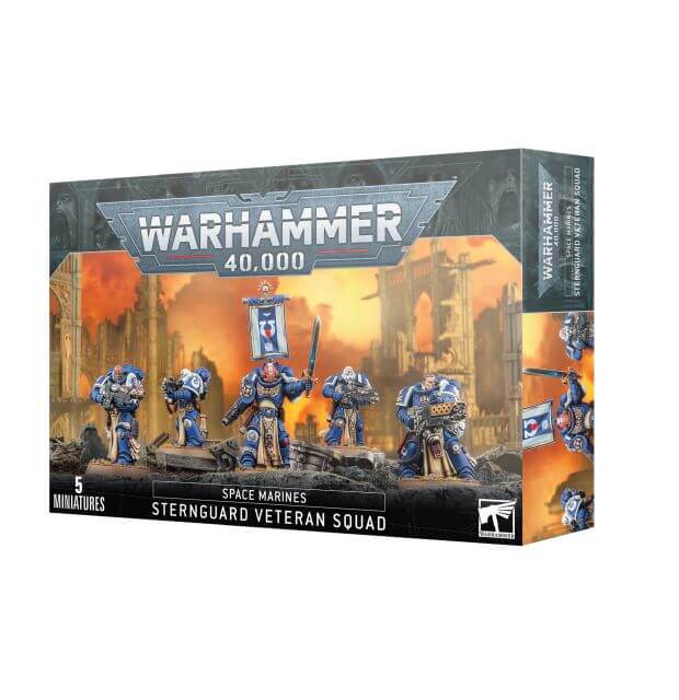 Product packaging for 'Space Marines Sternguard Veteran Squad 2023' featuring five painted miniature figures of Space Marines, with detailing and branding consistent with the Warhammer 40,000 series.