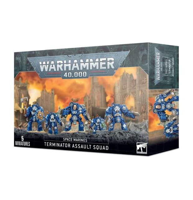 Product image for Space Marines Terminator Assault Squad box set, showing five plastic Space Marine terminator figures on 40mm round bases, painted in blue and black, with detailed armor and weapons.
