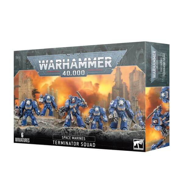 Product packaging for 'Space Marines Terminator Squad 2023' featuring illustrations of five painted miniature figures in Space Marine Terminator armor, with a backdrop of a battle scene.