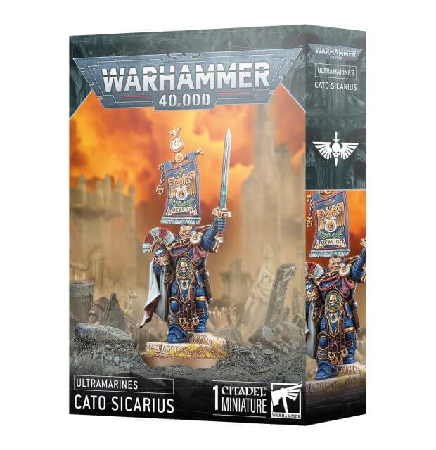 Warhammer 40,000 miniatures box featuring Cato Sicarius