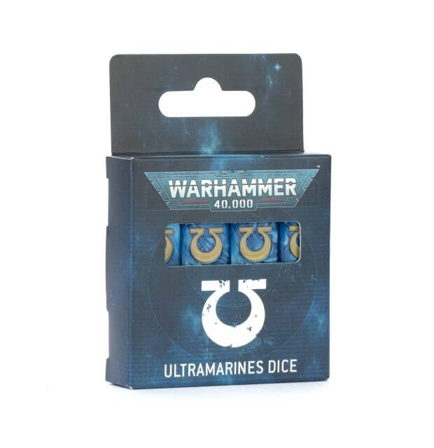 Pack of Warhammer 40,000 Ultramarines dice with packaging on a white background