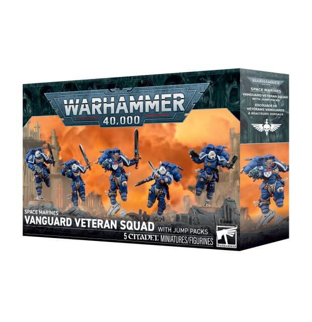 Warhammer 40,000 Space Marines Vanguard Veteran Squad miniatures box set, featuring five blue armored miniature figures on the front of the packaging.