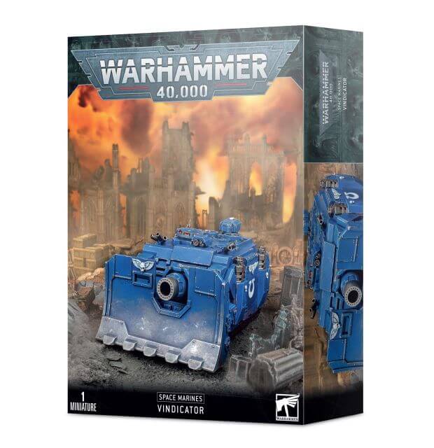 A product box for 'Space Marines Vindicator' in the Warhammer 40,000 series, featuring an image of a blue battle tank with the Space Marines emblem and a city in the background.