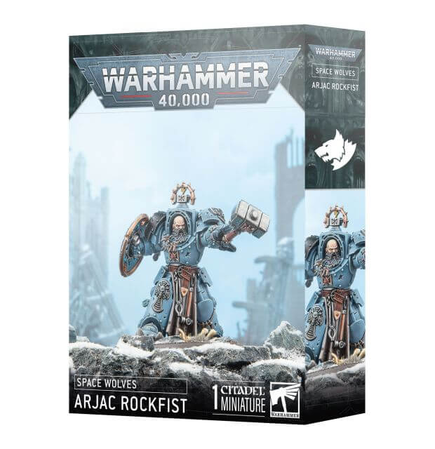 Warhammer 40,000 Space Wolves Arjac Rockfist miniature box packaging on a white background