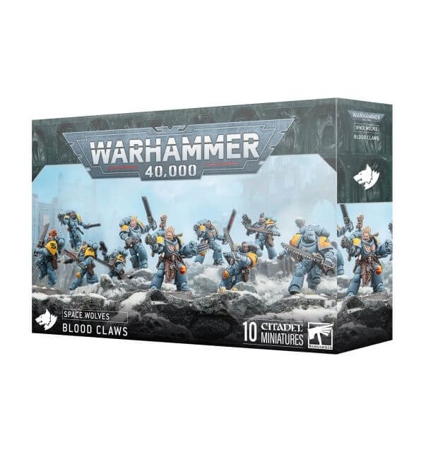 Warhammer 40,000 Space Wolves Blood Claws miniatures box packaging on a white background