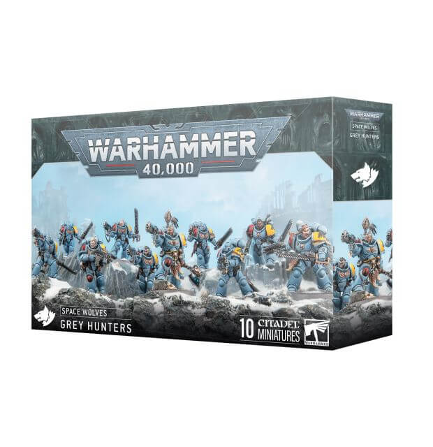 Warhammer 40,000 Space Wolves Grey Hunters miniatures box packaging on a white background