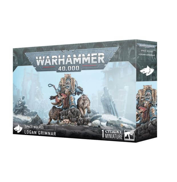 Warhammer 40,000 Space Wolves Logan Grimnar miniature box packaging on a white background