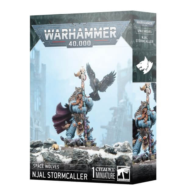 Warhammer 40,000 Space Wolves NJal Stormcaller miniature box with snowy landscape background