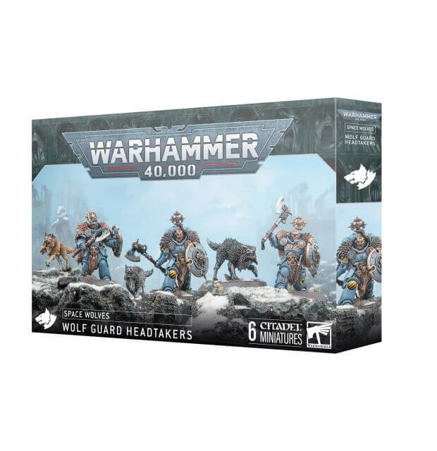 Warhammer 40,000 Space Wolves Wolf Guard Headtakers miniatures box on a white background