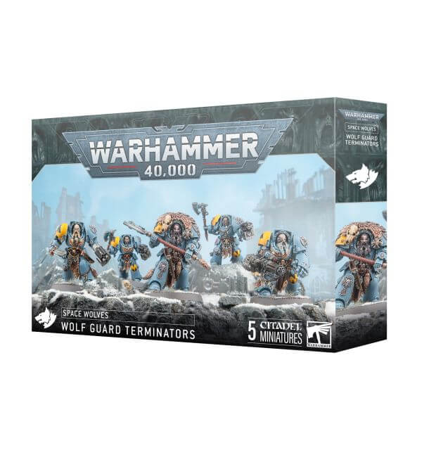 Warhammer 40,000 Space Wolves Wolf Guard Terminators miniatures box on a white background