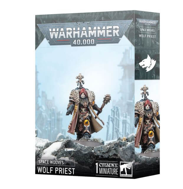 Warhammer 40,000 Space Wolves Wolf Priest miniature figure packaging on a white background