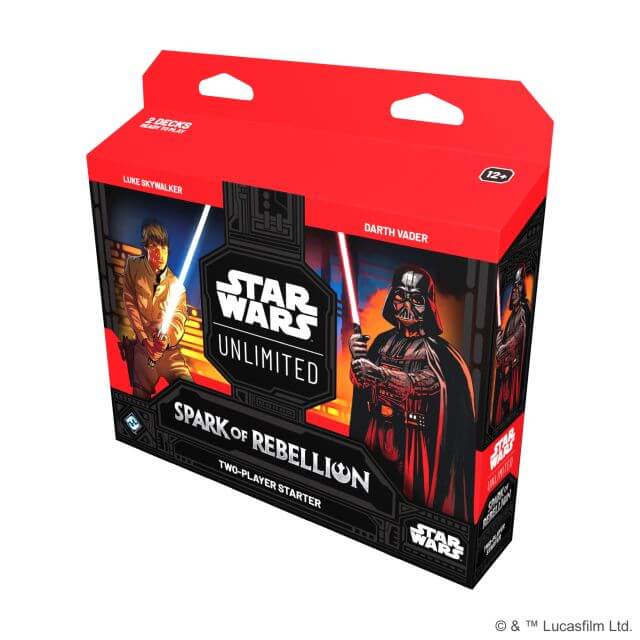 Packaging for the Star Wars Unlimited Spark of Rebellion two-player starter kit featuring Luke Skywalker and Darth Vader.