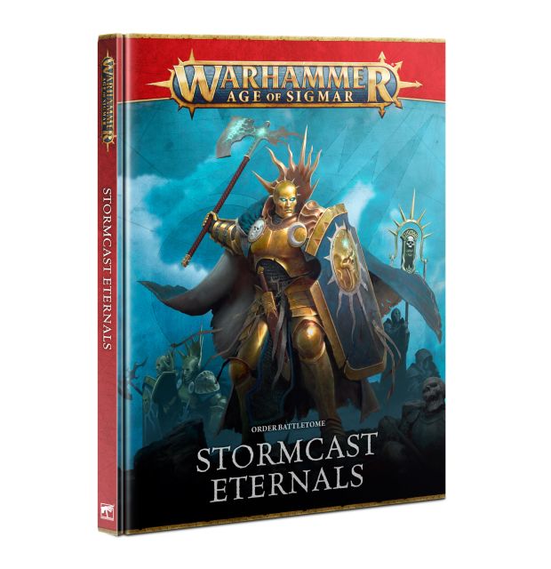 Cover of the 'Stormcast Eternals Battletome 2024' featuring an illustration of a warrior on horseback with a divine emblem, against a backdrop of mystical landscapes and celestial motifs.