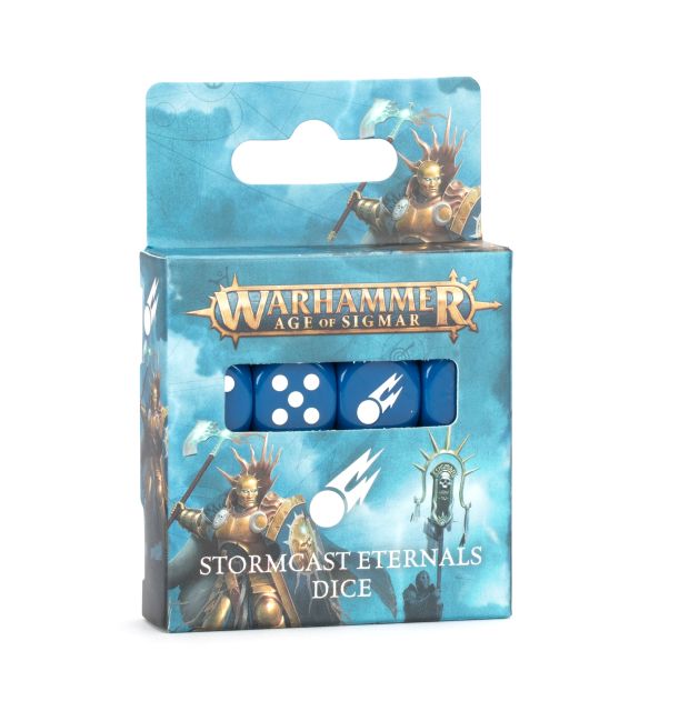 Packaging for Stormcast Eternals dice set, featuring a window displaying the dice inside, with a blue theme and fantasy battle imagery.