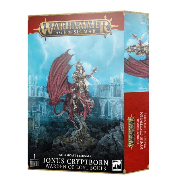Product packaging for Warhammer Age of Sigmar Stormcast Eternals Ionus Cryptborn, featuring an illustration of the miniature on a base, with the game's logo and fantasy imagery.